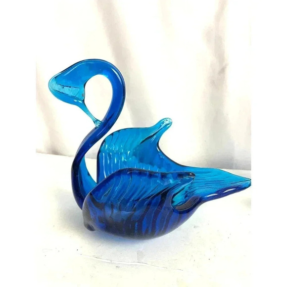 VTG Blue Glass Swan Trinket Candy Dish Bowl 6” Mid Century Modern Lot of 2 - Picture 14 of 15
